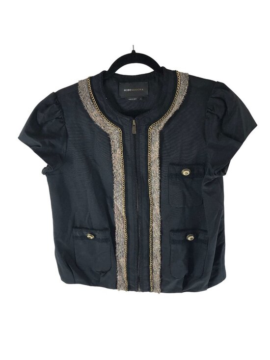 BCBGMaxAzria Jackets & Blazers - BCBGMaxAzria Womens Blazer Cap Sleeve Y2K Full Zip Chain Tweed Detail Black M